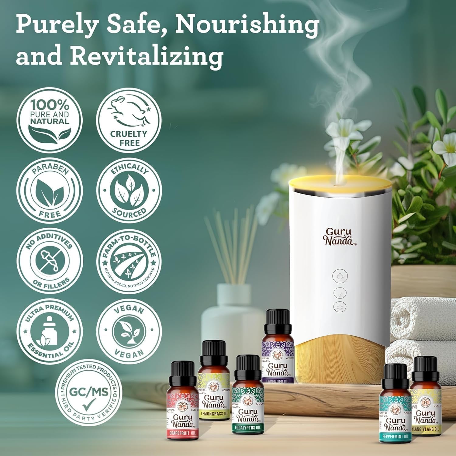 Guru Nanda (Set of 6) Therapeutic Grade Essential Oils - 100% Pure & Natural Aromatherapy Single Notes for Oil Diffusers & Topical Use - Lavender, Peppermint, Eucalyptus, Orange, Lemongrass, Cedarwood